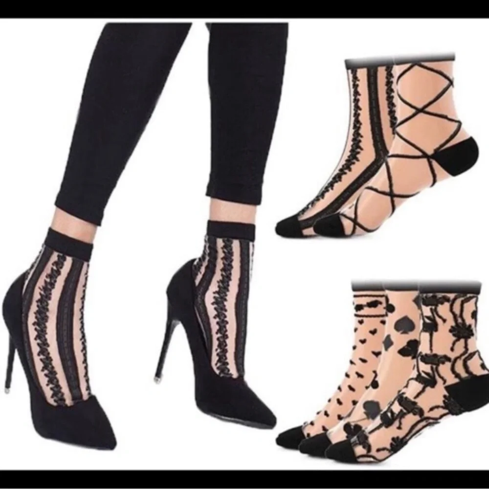 5 Pairs Ultra Thin Socks Black Sheer Mesh Transparent Socks Lace Fishnet